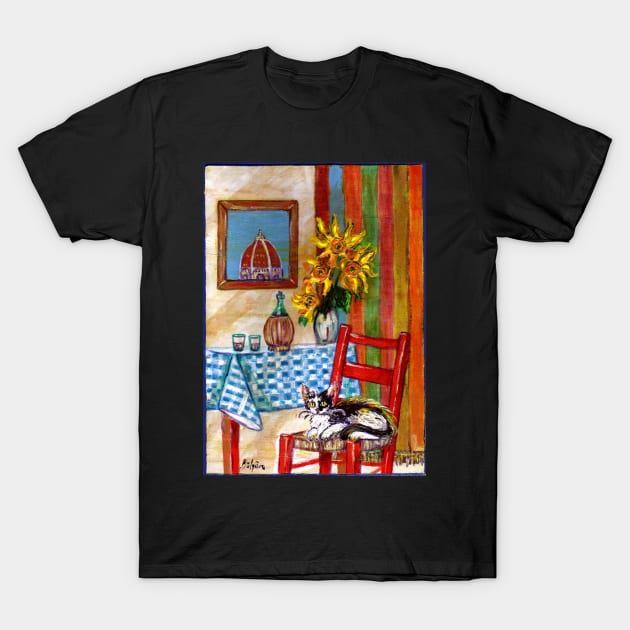 RUSTIC ITALIAN KITCHEN IN FLORENCE Cat,Sunflowers and Wine T-Shirt by BulganLumini